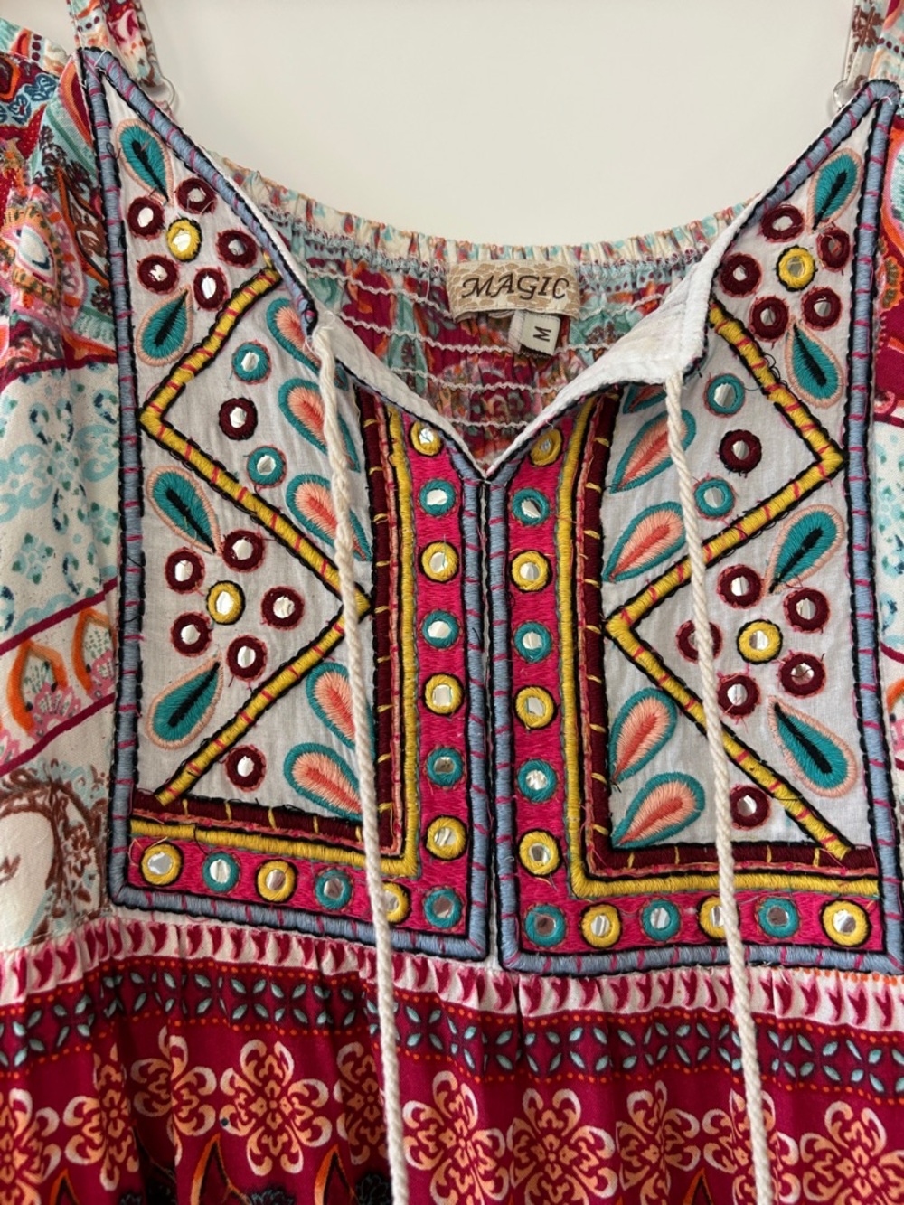 Magic Boho Flutter Sleeve Maxi Dress w Mirrors, Embroidery Sz M w MEASUREMENTS - Picture 5 of 14